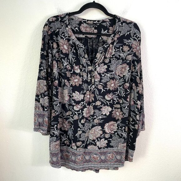 Lucky Brand Womens Plus 3X Floral Boho Blouse 3/4 Sleeve Shirt Top - Picture 1 of 8